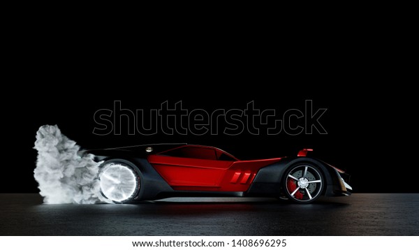 Sports car or racing car makes a burnout\
with tires that smoke and smoke (3d\
rendering)