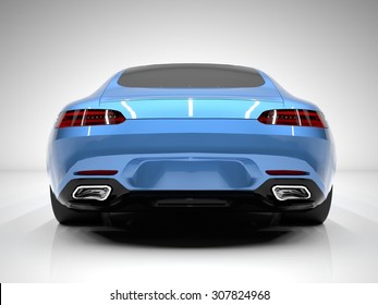 Sports Car Rear View. The Image Of A Sports Blue Car On A White Background