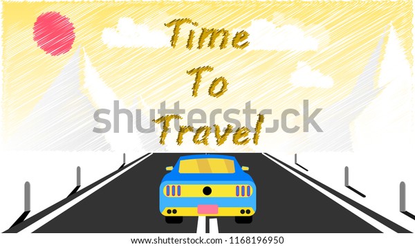 A sports car rides along an asphalt\
road into snowy mountains. Journey to the mountains by car, travel\
and inscription time to travel.\
illustration.