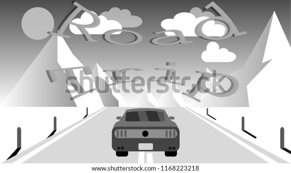 A sports car rides along an asphalt road\
into snowy mountains. Journey to the mountains by car, travel and\
inscription road trip.\
illustration.
