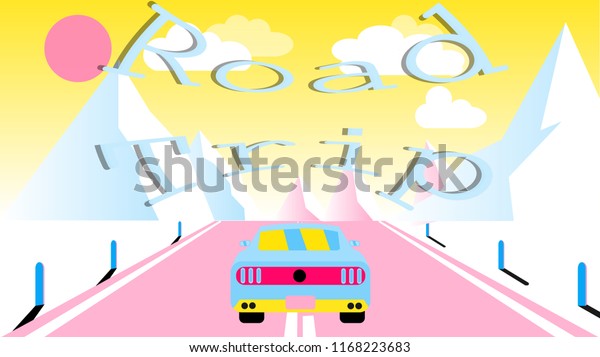 A sports car rides along an asphalt road\
into snowy mountains. Journey to the mountains by car, travel and\
inscription road trip.\
illustration.