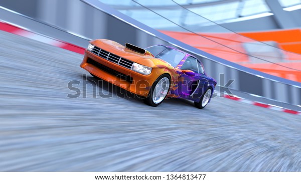 Sports car\
rides on the ring track. 3d\
illustration