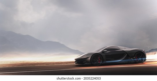 Sports Car Speeding On The Open Road (non-existent Car Design, Full Generic), 3d Render, 3d Illustration