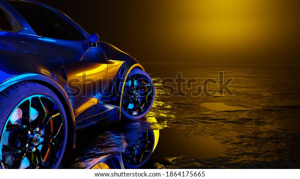 sports car sun\
shining from the front. 3D\
Render.