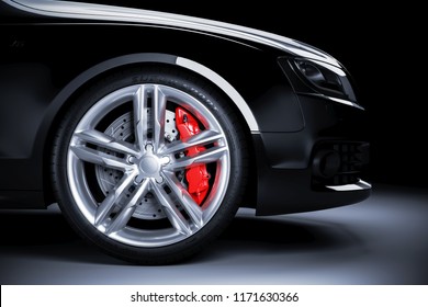 Sports car wheel with red brakes in studio lighting. 3d render