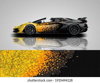 A sports car wrap design with a mixed theme of camouflage, steel wire and carbon fiber