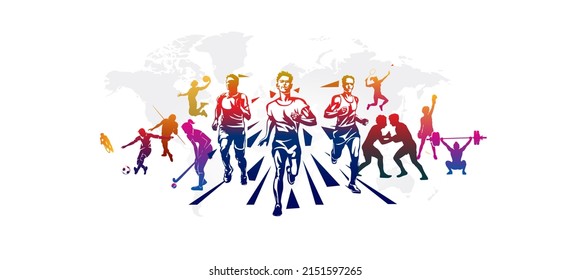 Sports day or World Athletics Day banner. Athletics players and sports men illustration