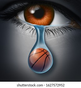 Sports Depression And Tragic Sport Event And Grief Psychology Symbol As A Basketball Inside A Crying Tear Drop As A Depressed Fan From A Sad Eye In A 3D Illustration Style.