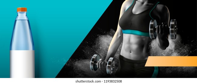 Sports drink banner ads with a fitness woman lifting weights with exploding powder effect in 3d illustration, copy space for design uses - Powered by Shutterstock