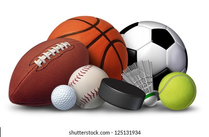 Sports equipment with a football basketball baseball soccer tennis and golf ball and badminton hockey puck as healthy recreation and leisure fun activities for team and individual playing for health.