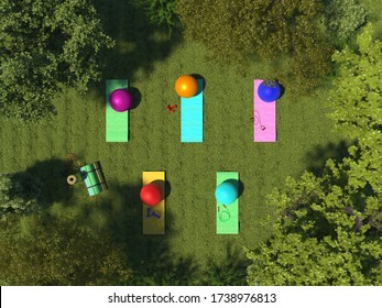Sports equipment on the green meadow in the forest among the trees. Yoga mat and fitness ball on grass on the top view. Group fitness or aerobics classes in nature. Aerial view. 3D render.