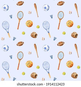 Sports equipment set: rugby, tennis, badminton, basketball, soccer and baseball. Seamless pattern. Watercolor illustration on light blue background.
