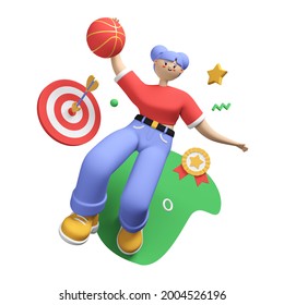 Sports Faculty Student - Colorful 3D Style Illustration With Cartoon Character. Cheerful Girl Goes In For Sports, Plays Basketball, Dreams Of Achievements And Awards. Learning And Achieving Goals Idea