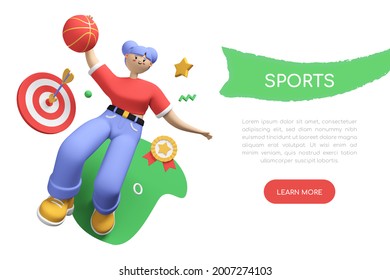 Sports Faculty Student - Colorful 3D Style Banner With Place For Your Text. Cheerful Girl Goes In For Sports, Plays Basketball, Dreams Of Achievements And Awards. Learning And Achieving Goals Idea