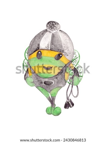Sports green bee. A fairy-tale character holds a jump rope in his paw. Cartoon watercolor illustration
