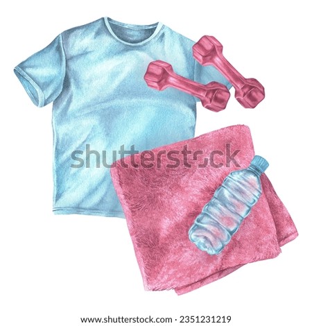Sports kit to take with you to the gym. Watercolor illustration of fitness exercise equipment. Hand drawn clip art on isolated background. Drawing of t-shirts with towel and dumbbells