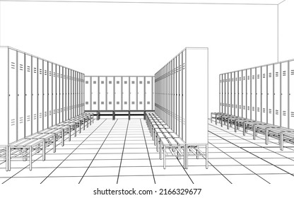 Sports Locker Room, 3d Render, Sketch, Outline