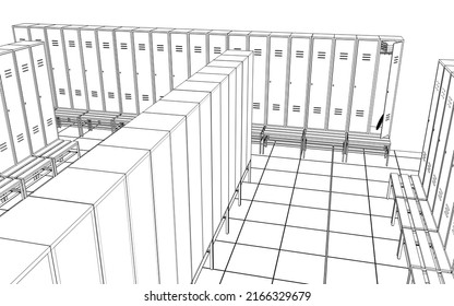 Sports Locker Room, 3d Render, Sketch, Outline