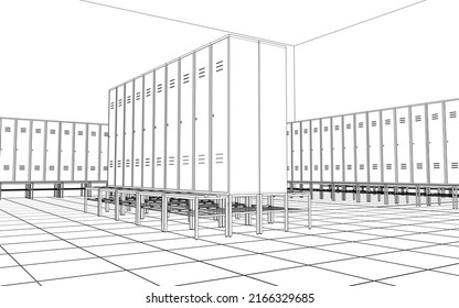 Sports Locker Room, 3d Render, Sketch, Outline