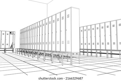 Sports Locker Room, 3d Render, Sketch, Outline