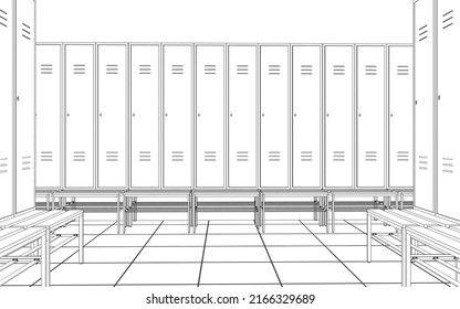 Sports Locker Room, 3d Render, Sketch, Outline