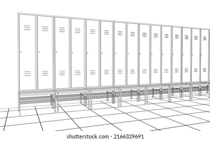 Sports Locker Room, 3d Render, Sketch, Outline