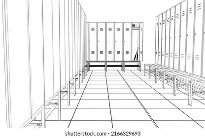 Sports Locker Room, 3d Render, Sketch, Outline