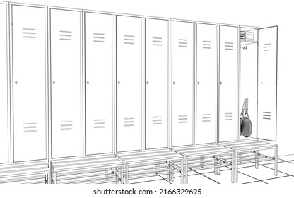 Sports Locker Room, 3d Render, Sketch, Outline