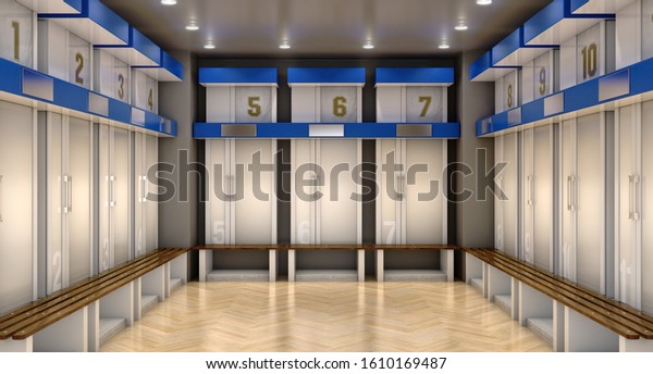 A sports locker\
room made of cubicles with cupboards numbered shirts a wooden bench\
and flooring - 3D\
render