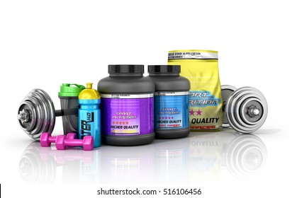 Sports Nutrition With Sports Equipment On A White Background. 3D Illustration