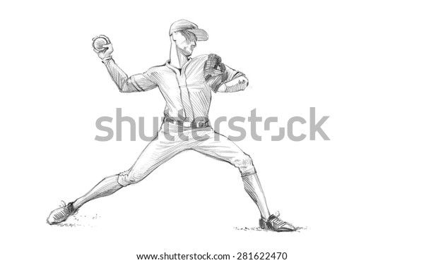 スポーツシリーズ 野球選手のスケッチ鉛筆画 ピッチャー 高解像度スキャン のイラスト素材
