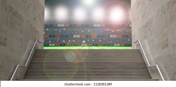 Sports Stadium Tunnel. Marble Stairs, Athletes Entrance  To The Soccer Football Field. 3d Illustration