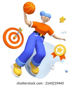 Sports successes and achievements - modern realistic 3d illustration. Colorful composition with female basketball player with ball and trophies for victory. Target, medal and goal setting idea - Powered by Shutterstock