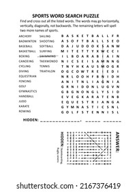 Sports Word Search Puzzle. Suitable Both For Kids And Adults. Answer Included.
