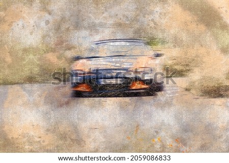A sporty orange and blue car driving on an autumn country road. Front view. Digital watercolor painting.  Modern art.