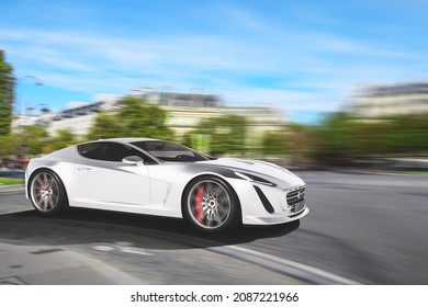 Sporty White Car Runs Fast On The Road.. 3d Rendering