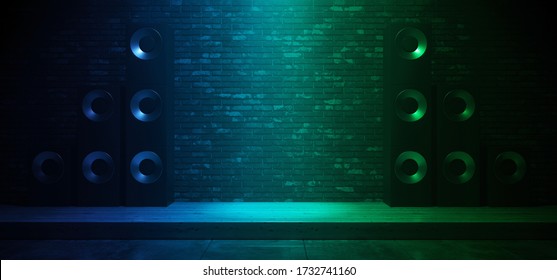 Spot Light Blue Green Brick Wall Music Studio Vibrant Electric Synthwave Club Loud Speakers Show Event Empty Room Shiny Stage Poidum Concert 3D Rendering Illustration