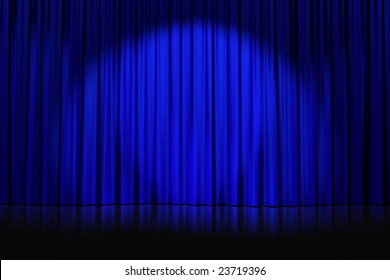 Spotlight Cast On Closed Blue Curtains With Stars On An Empty Stage