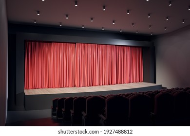 Spotlight On Empty Hall Stage With Red Curtains, Rows Of Red Velvet Seats And Lights On Top. 3D Rendering