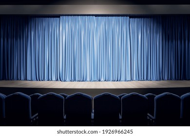 Spotlight on theater empty hall stage with blue curtains, rows of blue velvet seats and lights on top. 3D rendering
