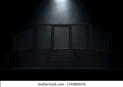 A spotlighting highlighting the door of a MMA fight cage arena dressed in black padding on a dark background - 3D render