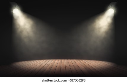 Spotlights illuminate empty stage with dark background. 3d rendering