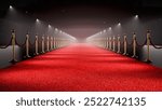 Spotlit red carpet decorated with velvet ropes. 3D illustration.