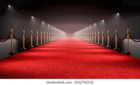 Spotlit red carpet decorated with velvet ropes. 3D illustration.