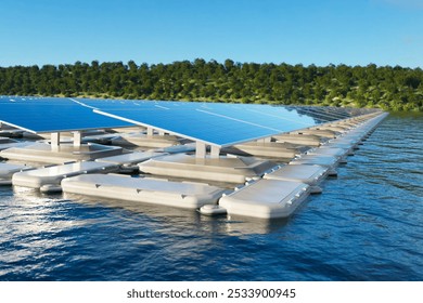 A sprawling array of floating solar panels on tranquil water, encircled by dense green forest under clear skies. It highlights cutting-edge renewable energy technology in harmony with nature.