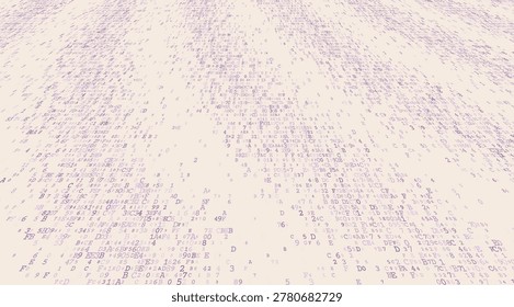 A sprawling, non-linear distribution of binary characters and abstract glyphs drifting across a stark data field. This composition visualizes raw data streams and the organic complexity of unmapped information systems. Perspective.