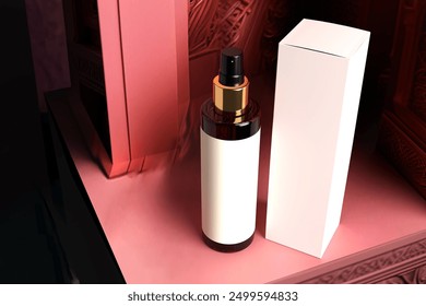 A spray bottle filled with liquid and a box are placed neatly on a morocco style shelf, 3d render - Powered by Shutterstock