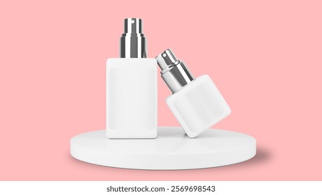 Spray Bottle on Pink Background. Perfume Packaging Cosmetic with Silver Pump. Mockup custom Designs Perfume, Creams, Gels, or Lotions. Perfect for Cosmetic and Skincare. Products Shot Design Layout