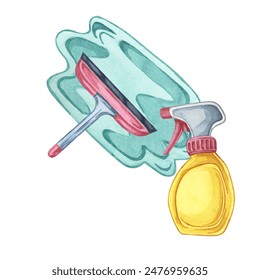 Spray bottle and squeegee for window cleaning task or shower. Watercolor illustration of household cleaning utensils. Clipart for home maintenance, housekeeping, janitorial or maid service, flyer