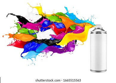 spray can spraying colorful rainbow paint liquid  color splash explosion isolated on white background. Industry diy paintjob graffiti concept.